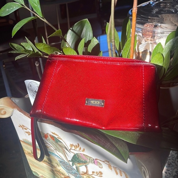 Tumi Handbags - TUMI Red Metallic Crossgrain Zip Top Wristlet Clutch Bag Gold Hardware